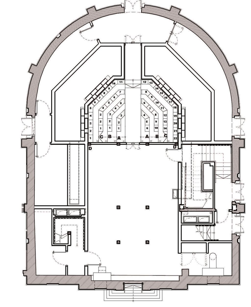Sam Wanamaker Playhouse Seating Plan: Pit Stage steps up from ground level to row D Emergency Exit Only D 1 0 19 C B A A B C