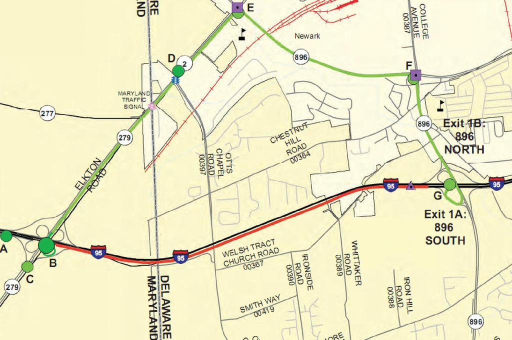 Figure 3 The detour route plan by DelDOT (scenario 1) The model re-routed 4,400 vehicles that were headed to New Jersey to east US 40 at MD 222 and MD 272 to the Delaware Memorial Bridge.