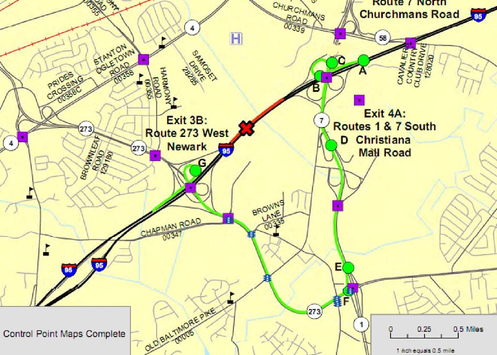 Figure 19 Detour route plan by DelDOT (scenario 6) miles a day The closure increased VHT by about 12,600 hours and VMT of 44,100 The comparison between the existing