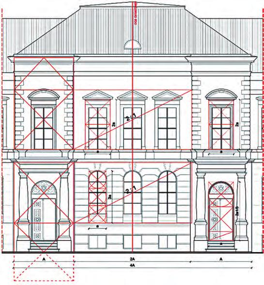 На основу свог истраживања на терену и на основу савремених и старих фотографија анализирали су композицију главне фасаде зграде, примењене пропорцијске и геометријске односе, као и стилске