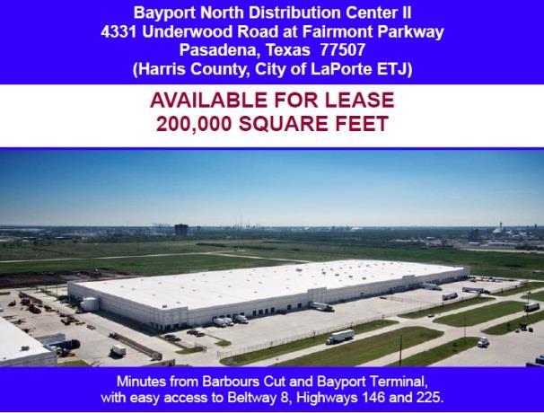 La Porte, TX 31,480 SF, 20-ton crane ready At 11804 Fairmont Parkway Houston, TX State