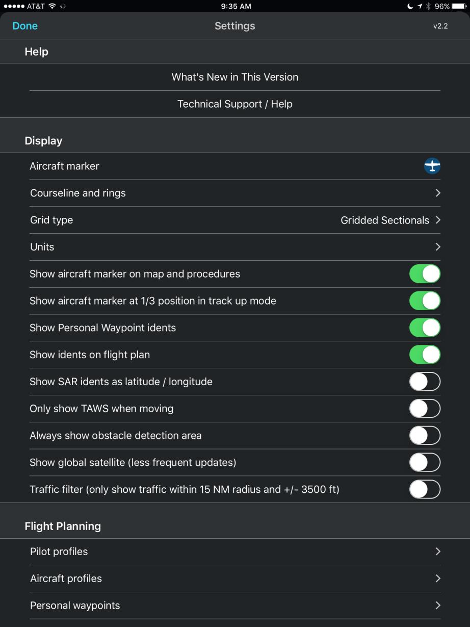 Settings There are many options and setting you can modify in the Settings page of FlyQ EFB. Tap the gear icon at the top of the main screen to get to Settings.