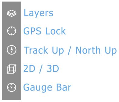 The Map Bar In the lower left corner of every map is series of five buttons. These control key mapping features. From top to bottom: Layers, GPS Lock, Track Up, 2D/3D/AR, and Gauge Bar toggle.