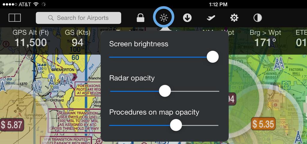Tap the Brightness control at the top of the app to control the opacity of the Radar and Procedures layers. GPS Lock Normally FlyQ EFB uses your GPS to keep the map centered on your current location.