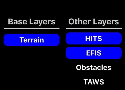 Layers The Layers button (stack of papers icon) allows you turn on a HITS (Highway In The Sky) layer (boxes that show your flight plan), the EFIS display, Obstacles, and TAWS (Terrain Awareness /