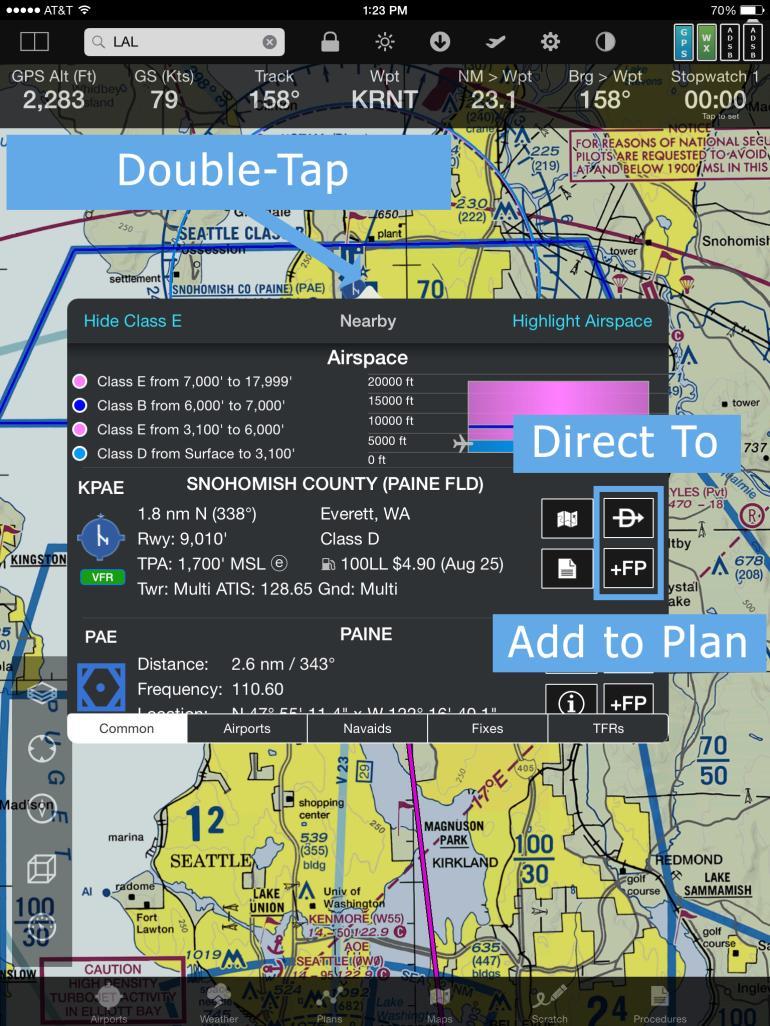 Direct To and +FP You can create or modify flight plans directly from the map by double-tapping the map.