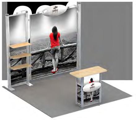 EXHIBITION ITEMS 3 Kassel KASSEL Smart Exhibition System. Easy to be assembled. Printing is not included. Aluminium frame 2824x2400mm. Header Board. Counter. Shelves: 3. Spotlights (3 units).