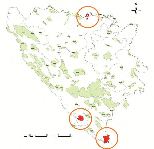 Slika 11. Područja za viline konjice u okviru predložene mreže Natura 2000 u BiH potencijalna područja (Sl. 11.).