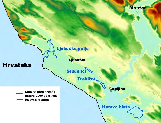 Slika 19. Četiri predložena potencijalna Natura 2000 područja za viline konjice na području prioritetnih ključnih područja za očuvanje biodiverziteta mediteranskog hotspota u Bosni i Hercegovini.