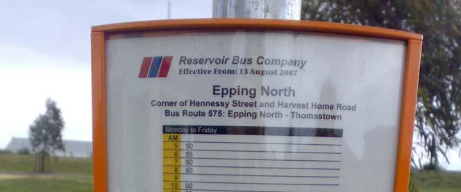 36. This illustration shows the bus timetable at Aurora, the Government s demonstration environmental suburb at Epping North, As can be seen, there are no buses after noon on