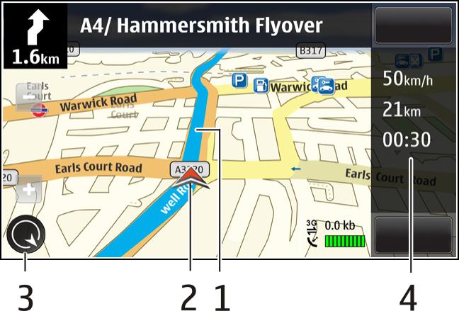 Karte Prikaz Navigacije 1 Ruta 2 Vaša lokacija i smjer 3 Kompas 4 Traka s informacijama (brzina, udaljenost, vrijeme) Dobivanje informacija o prometu i sigurnosti Unaprijedite svoj doživljaj vožnje