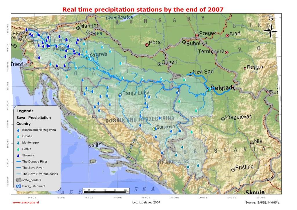 Figure A2-3: Precipitation stations in the Sava River Basin by the end of 2007 (source SARIB, NHMSs) Figure A2-4: Hydrological stations in the Sava River Basin by the end of 2007 (source SARIB,