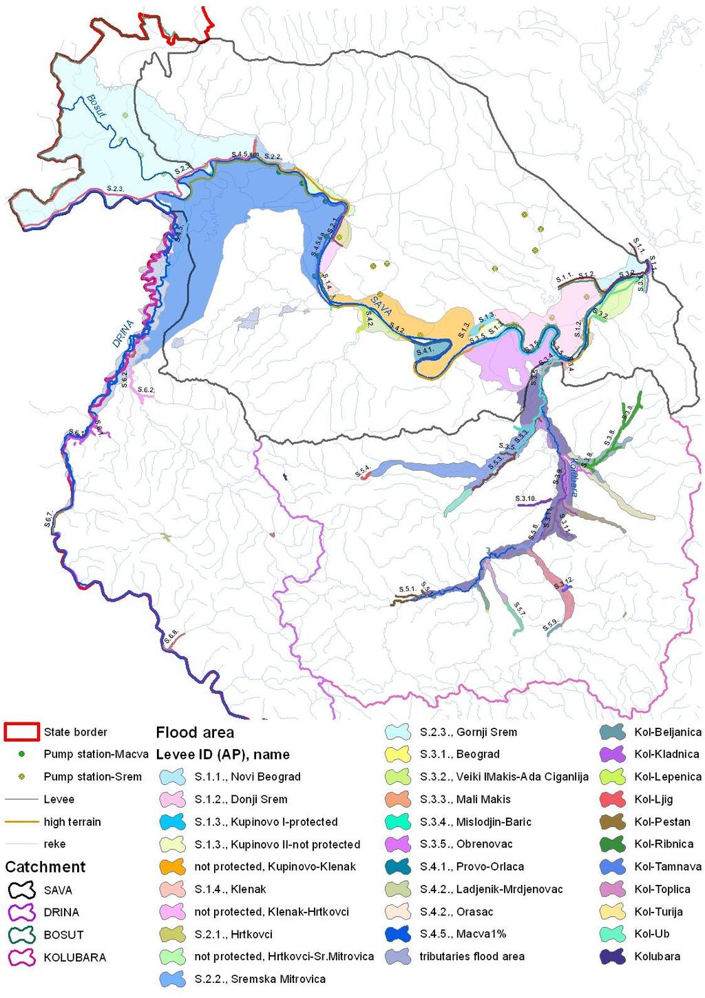 Figure Ap3-4: Flood protection lines and areas potentially prone to flooding