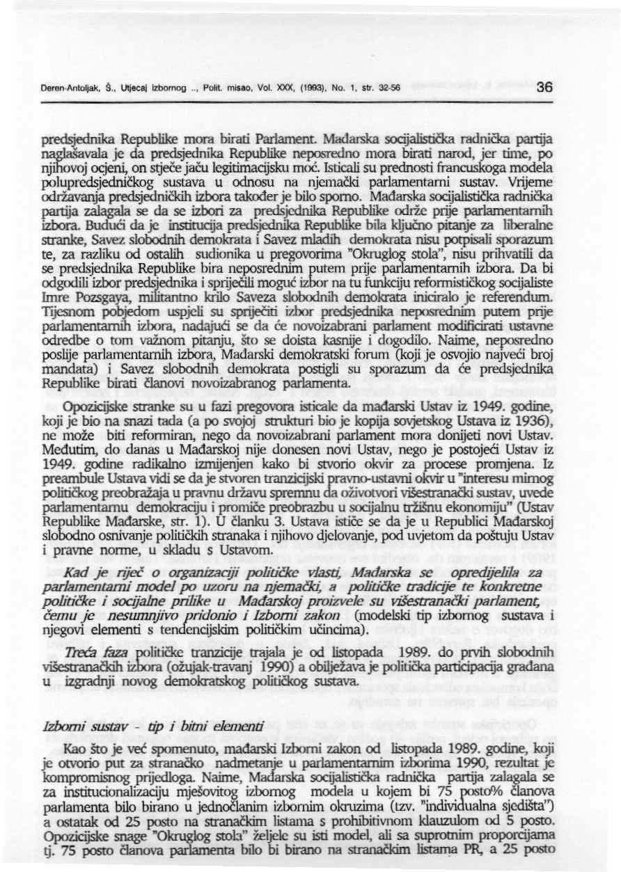 Deron Antoijak, $.. W~l Izbornog.., Poht. misao. Vol )()()(, (1993), No, 1, SIT. 32-56 36 p~ Republike mora birati Parlament.