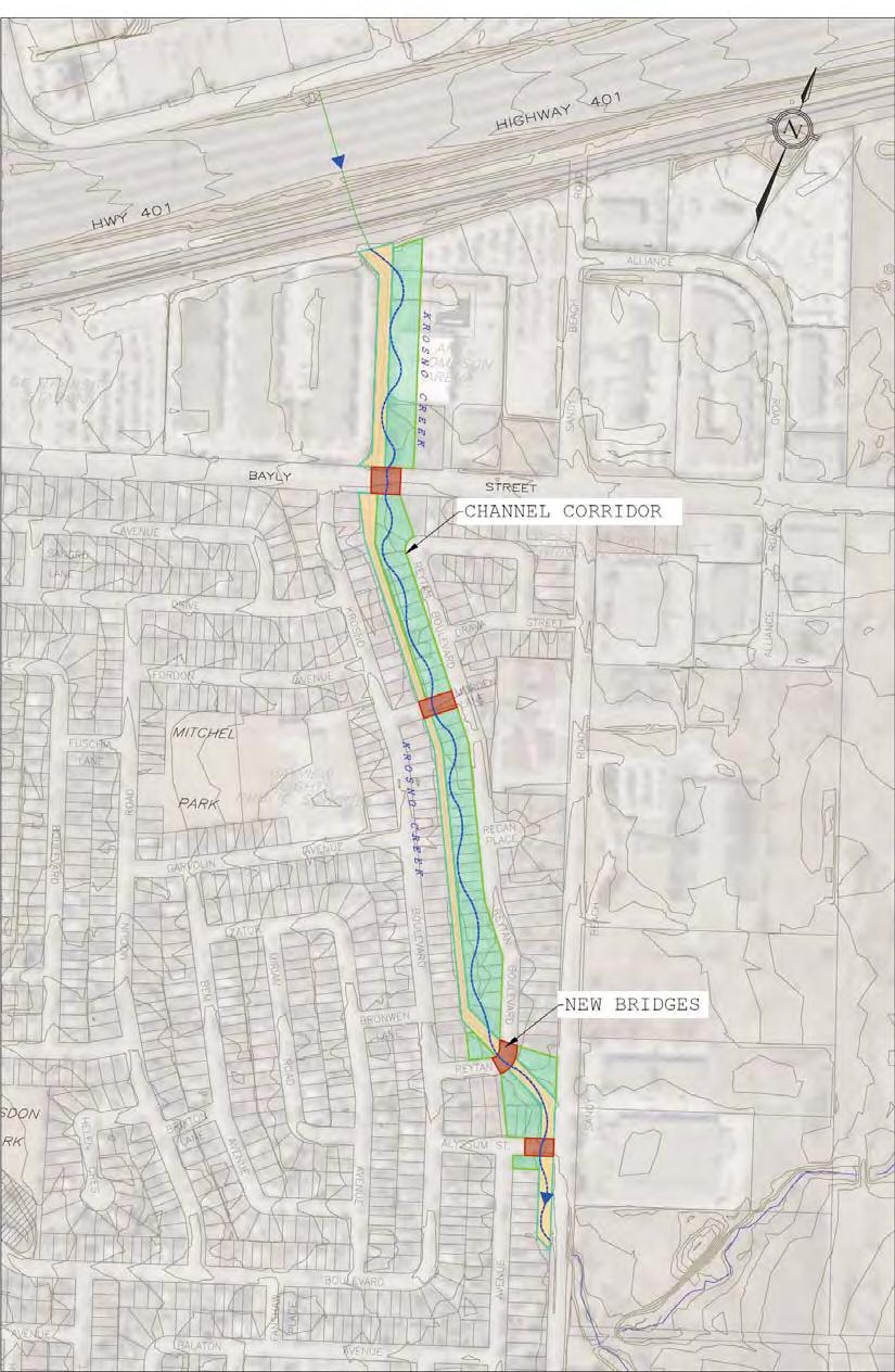 Alternative Solutions Channel Improvements Description The existing undersized culverts under Highway 401 and the railway tracks restrict flow, significantly reducing peak flow rates in Krosno Creek