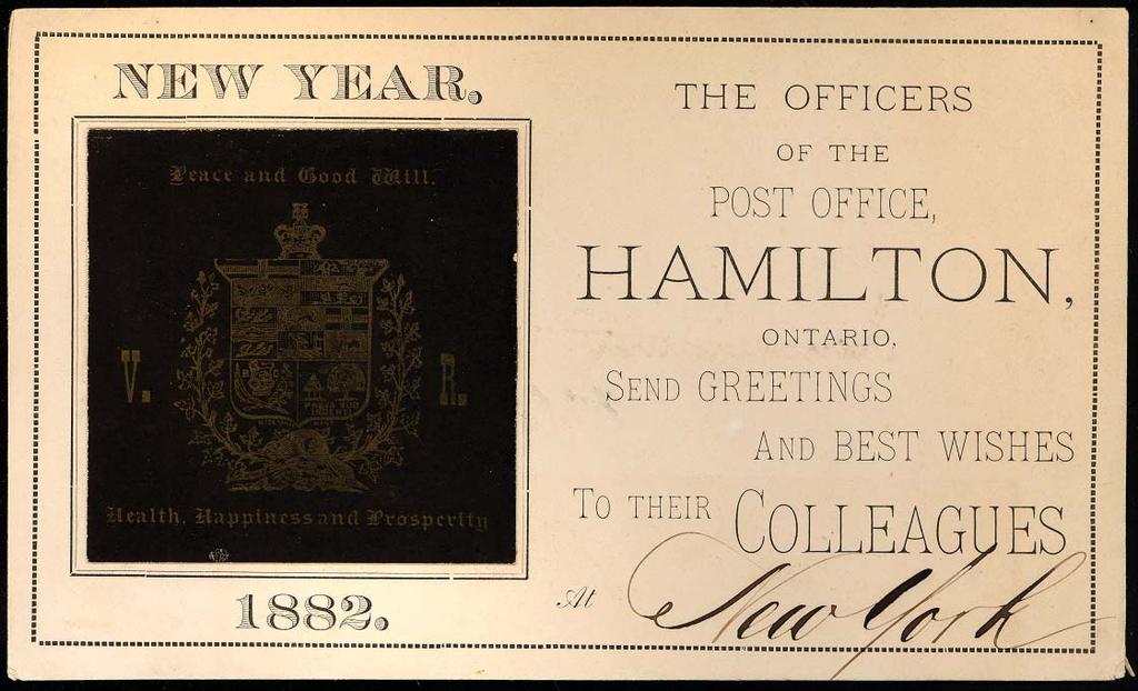 with daterless hub Hamilton Canada and Hamilton Post Office wax seal. One of about 5 known internal Christmas cards known.