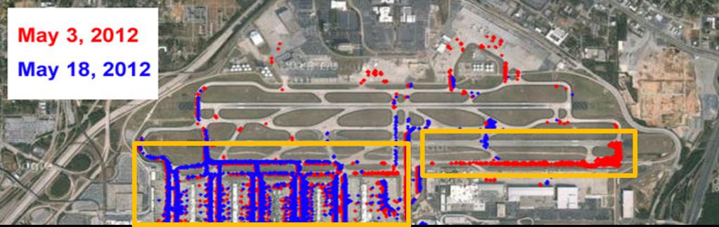 Figure 9: ASDE-X Surveillance Data for Blue Sky Day Congestion Figure 9 also depicts a departure queue (East-most congestion) for the assumed departure runway shown in Figure 8.