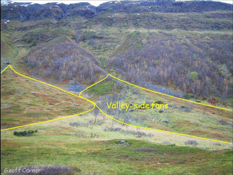 7 Valley-side fans (300-400 m.a.s.l.) 8 Outwash plain (320-360 m.a.s.l.) The track up the valley passes a series of grassy gravel fans on the northern side on the valley.