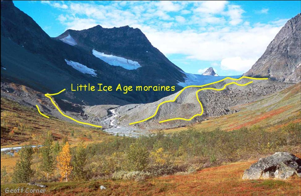 9 Moraine ridges from the Little Ice Age (400-550 m.a.s.l.) 10 Outwash plain and kettle hole (430 m.a.s.l.) The largest moraine ridge in Steindalen is not from the ice age, but from the so-called Little Ice Age (AD 1750-1910).