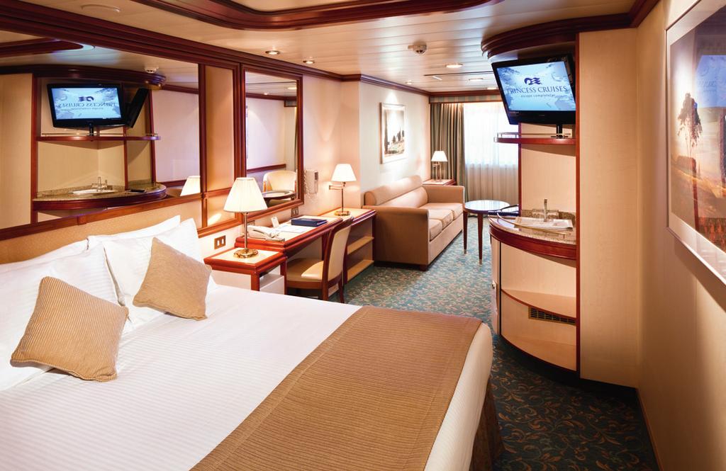 Choose from a variety of stateroom options Choose from a selection of staterooms, each with wonderful standard Princess amenities including 100% Egyptian cotton linens and duvet, down pillows,