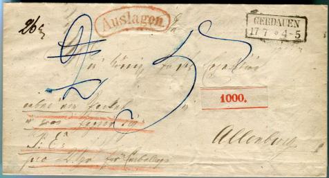 1856 NUMERALS : 1ggr (SG 14, Mi 9) pair (good margins except touched in one corner) with blue boxed HANNOVER datestamp on piece... 10.00 024038.