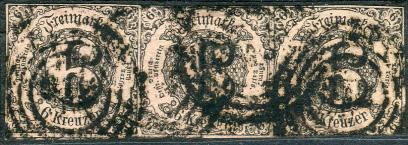 1859 IMPERF ISSUE : Southern District 6k (Mi 22) used strip of three (two stamps with four margins and third cut into at base, valued just as a pair)... 75.