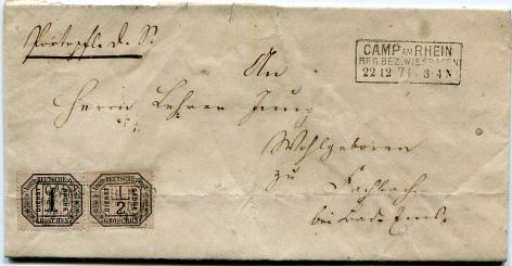 15 - POSTAL HISTORY 024749. CAMP AM RHEIN : Officials ½g and 1g (Mi 3,4) with fine boxed CAMP AM RHEIN / REG. BEZ. WIESBADEN on entire (nibbled contents), December 1871 (Franco-Prussian War period).