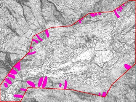 Konkavna območja Slika 9.26: Karta konkavnih območij Bovške kotline, izdelana v merilu 1:10.000.