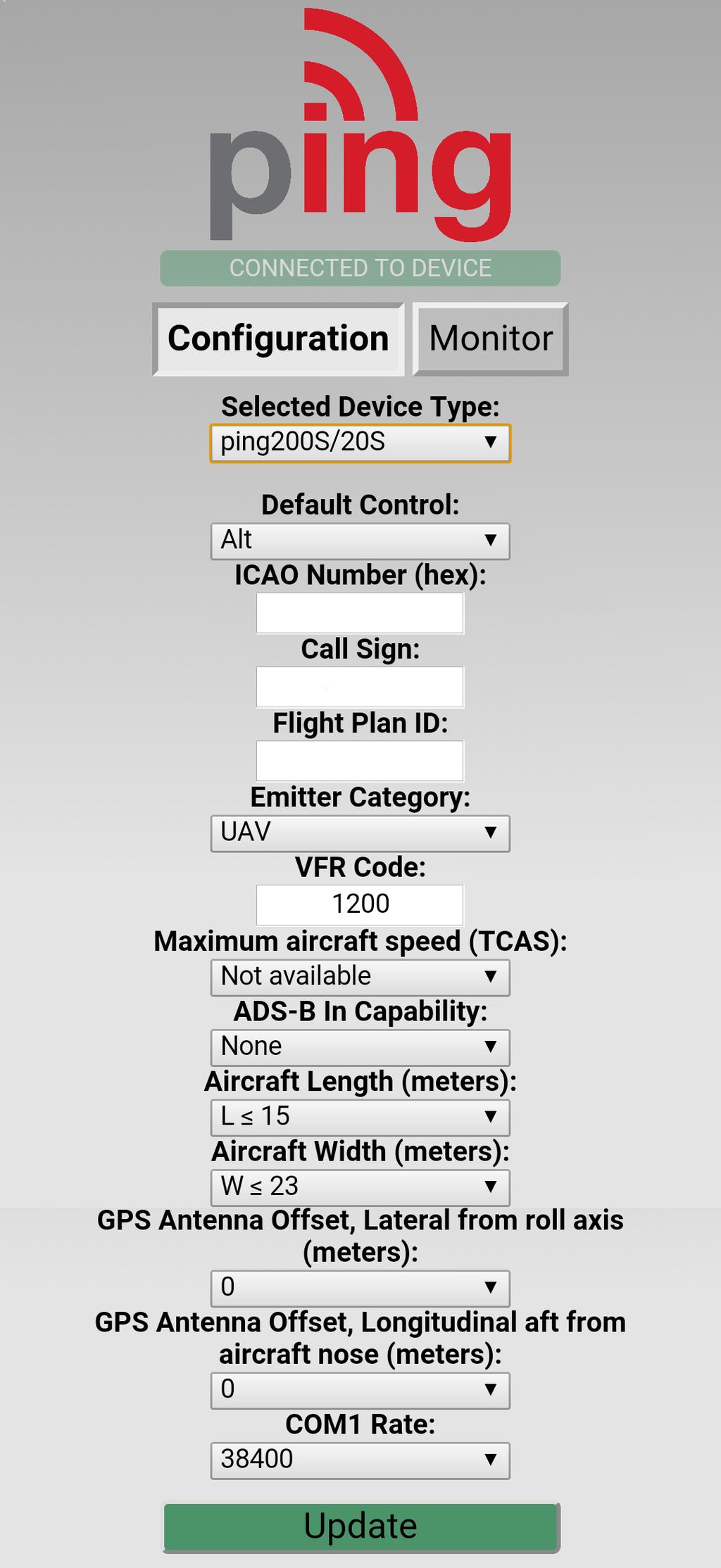 Configure ping200s/20s 5 200s/20s launch the uavionix Ping application and complete the fields as required for your device/aircraft.