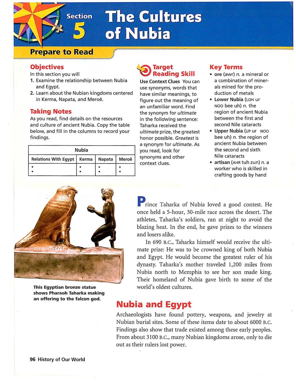 Prepare to Read Objectives In this section you will 1. Examine the relationship between Nubia and Egypt. 2. Learn about the Nubian kingdoms centered in Kerma, Napata, and Meroe.