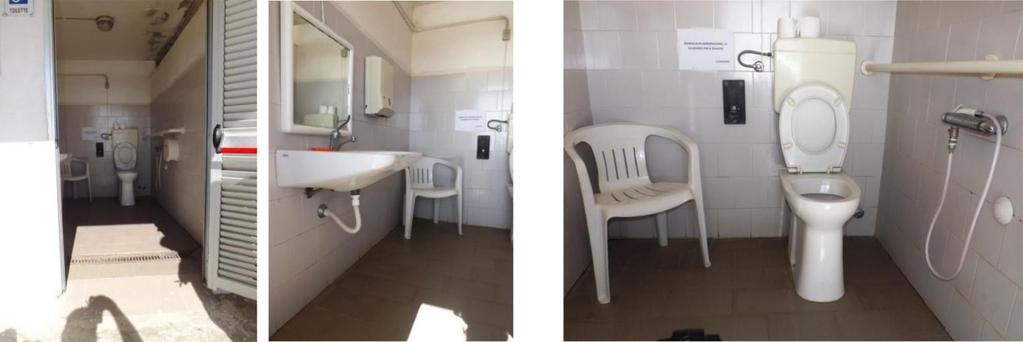 The toilet near the restaurant can be reached by plane with width of the door of the bathroom more than 90 cm; height 50 cm and toilet seat with open front, handle on both sides of the toilet and