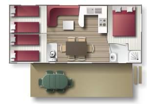 There is a living room with a sofa bed (for 2 people), a fully-fitted kitchenette, a bathroom with shower and toilet, three