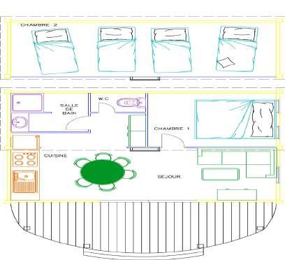 and toilet and a terrace of 16m², a bedroom with a double bed (140x190cm) and a mezzanine with 2 simple beds and 1 sofa bed in