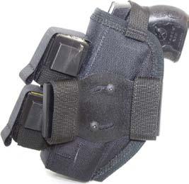 Our standard model is a padded 1000 denier Cordura nylon holster with dual spare cartridge holders.