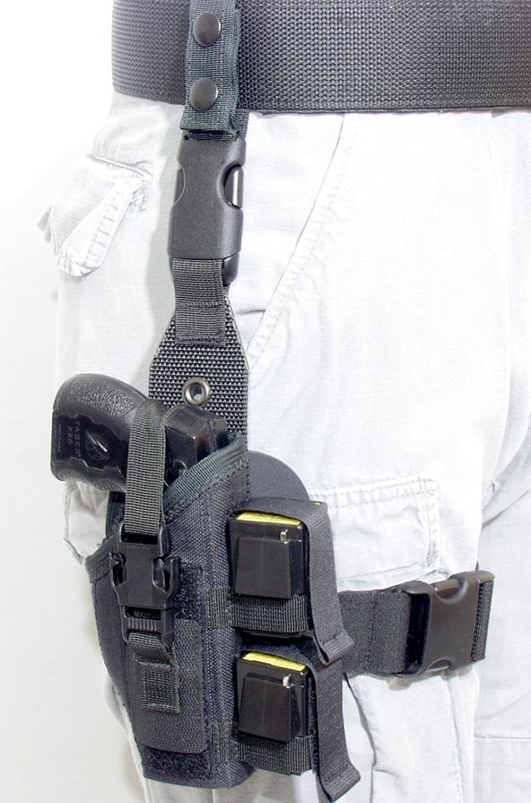 Taser Holsters Quick Release Thigh Rig with adjustable length strap. (extra long length available) This holster uses a 1" quick release buckle that is sewn to a webbing belt keeper.