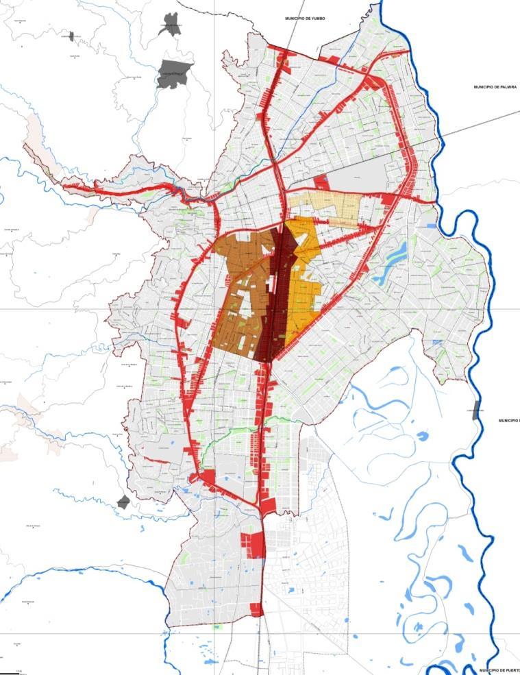 Santiago de Cali / Projects + Linked Regulations CENTERS AND ACTIVITY CORRIDORS LAND USE PLAN PUBLIC FACILITIES NODES INTENSIVE DENSIFICATION AREAS BUILDABLE