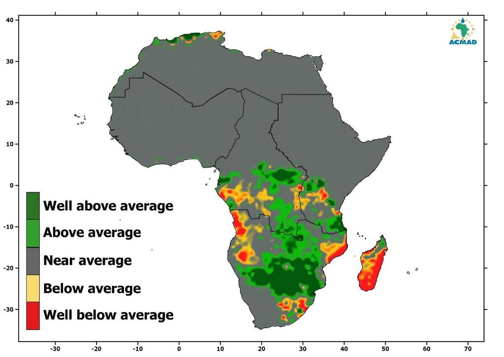 Figure 8: Precipitation in percent of average for dekad 21 st to 31 st January, 2018. The reference period used is 1981-2010. Source: NOAA/.NCEP/.CPC/.FEWS/.Africa/.DAILY/) 3.