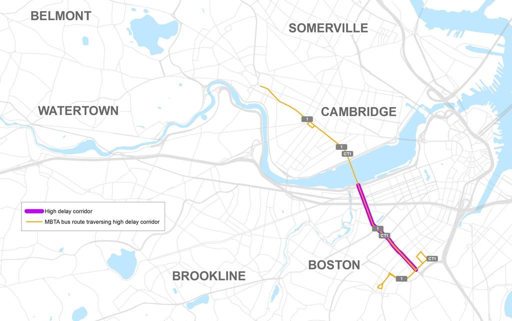 Bus routes traversing high delay corridor between Massachusetts
