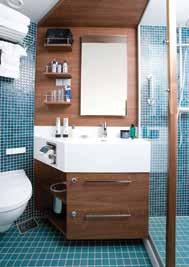 Standard bathroom. Spacious solo cabin. Section of suite with balcony. All cabins face outside with windows or portholes, private facilities and climate controls. Some cabins have balconies.