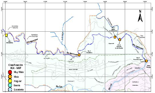 Figure 3.25 Map showing the quality of water of Aguacatal river based on ICA-NSF index. Source: DAGMA - Universidad del Valle, 2007 3.3.7 Pance River The river basin is located in the South-west mountainous area of Cali with an area of 8975 ha.