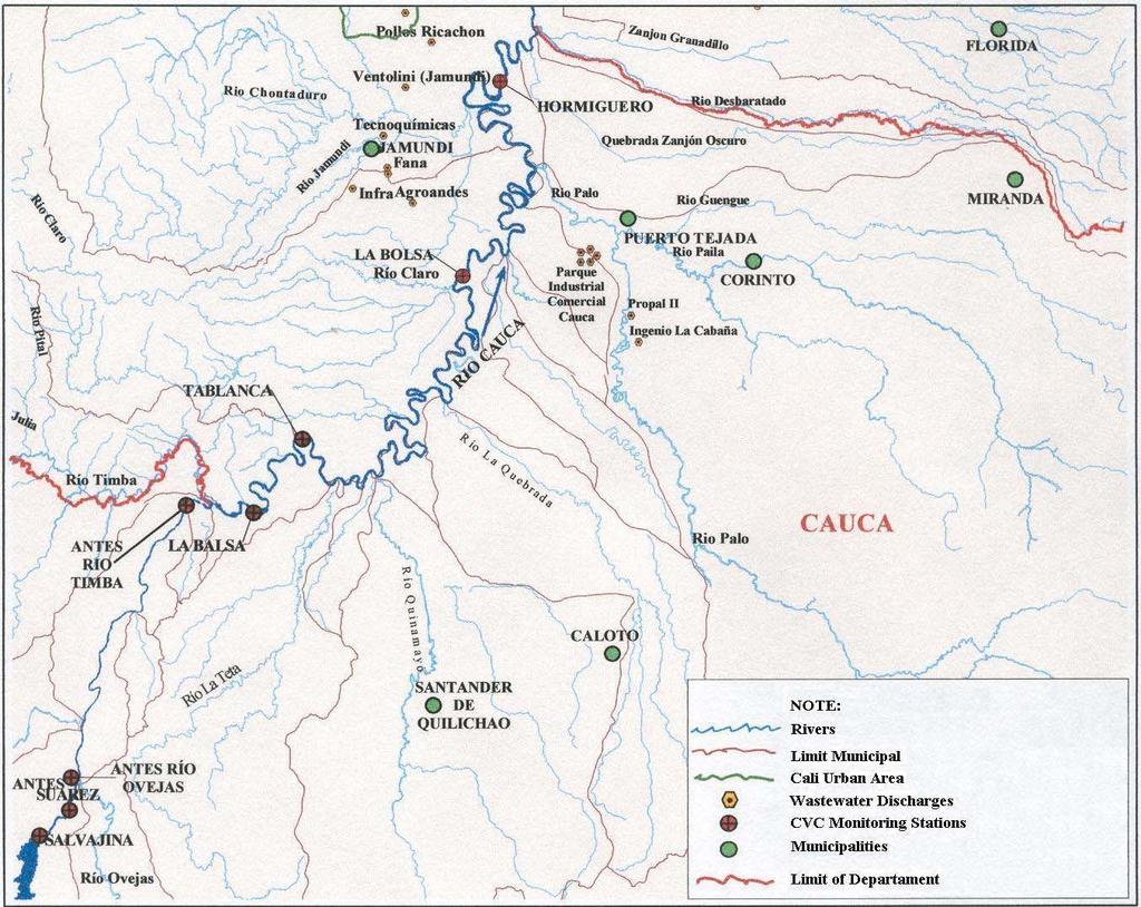 Figure 3.4 Main tributaries, industrial discharges and municipalities along Cauca s river geographic Valley. Section: Salvajina Hormiguero Figure 3.