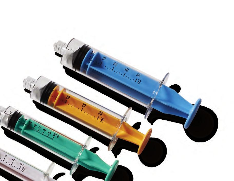 Colored Syringes Used for aspiration and injection of contrast, saline or medication.
