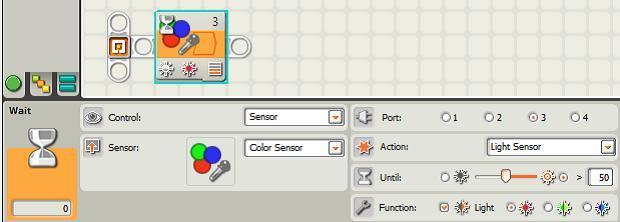 3.5-сурет. Wait Color Sensor блогы параметрлері жарықтандыруды ӛлшеу режимінде Ол датчик жарықтандыруды «кӛреді», ол ақ-қара суреті ҥстінде орналасқанын елестету.