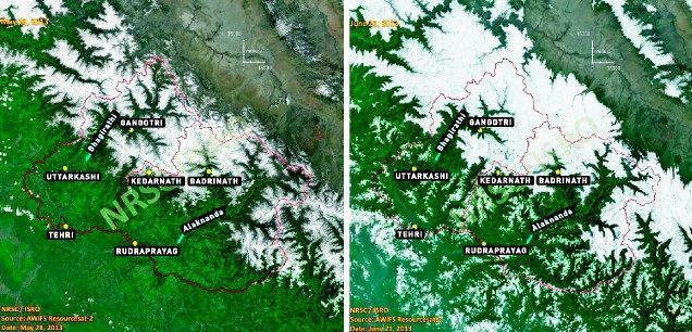 SNOW COVER DURING MAY-JUNE 2013 Satellite pictures shows that the glacial regions above