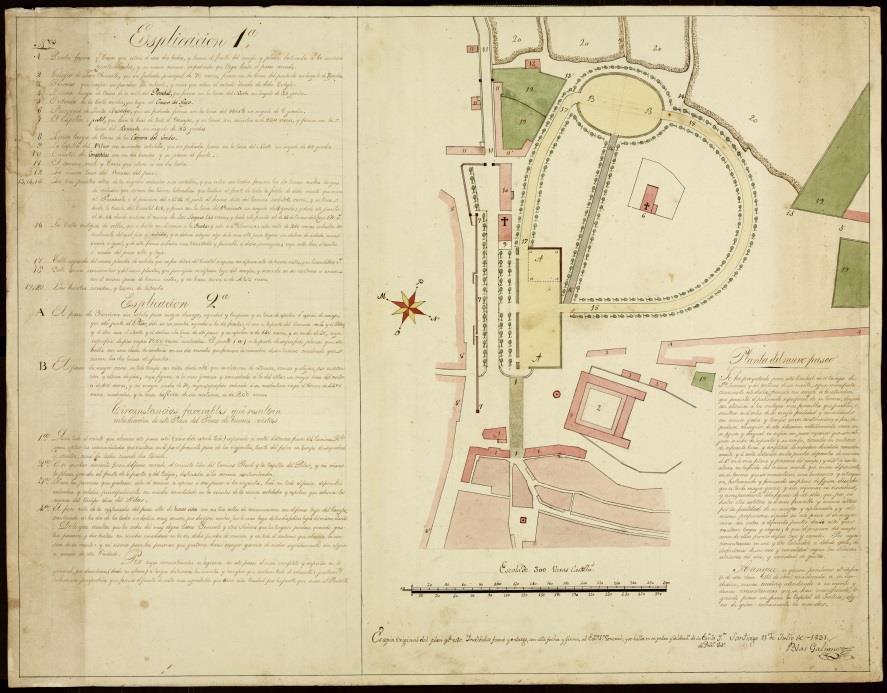 Mapa manuscrito en cor, realizado e firmado por Blas Galiano en 1831, do Parque da Alameda de Santiago titulado Planta do novo paseo proxectado para a cidade