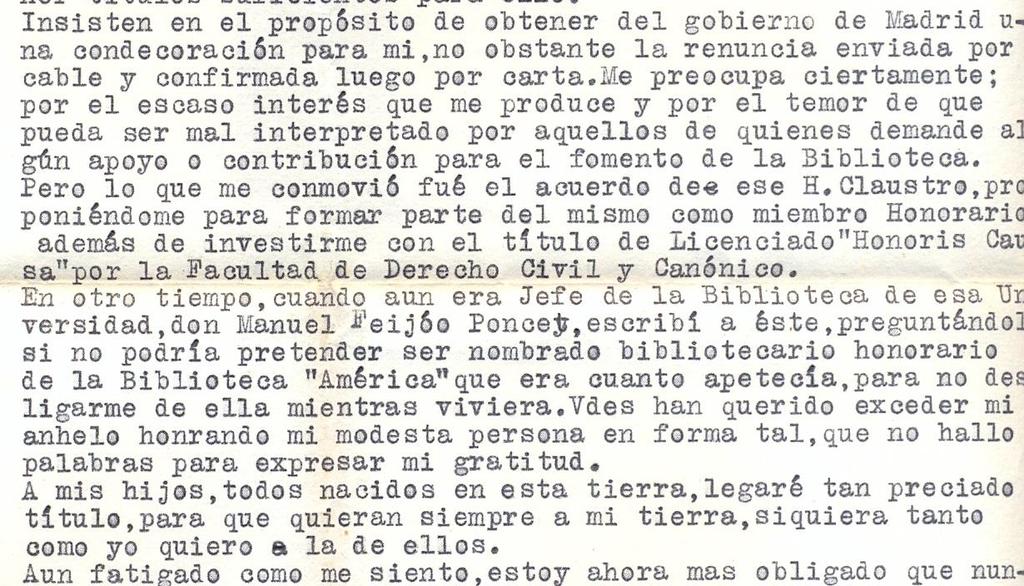 Carta mecanografiada autógrafa de Gumersindo Busto de 1925, promotor e creador da Biblioteca América, na que rexeita calquera tipo de condecoración por el temor de que pueda ser malinterpretado por
