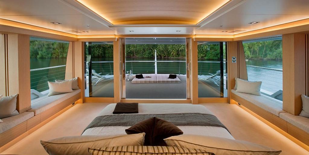 The Master Cabin is located on the bridge deck and features its own outdoor area with sunpads that can be raised, lowered or converted to an al fresco dining