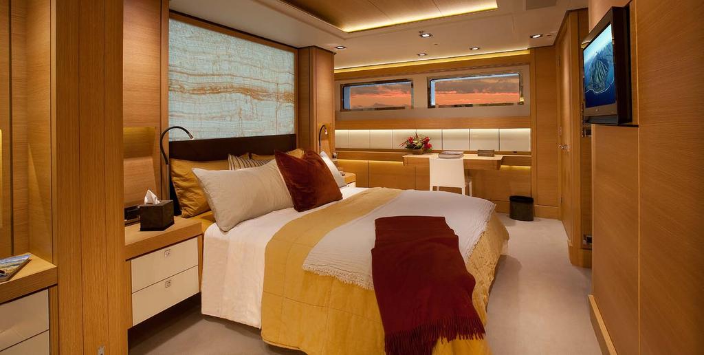 The four luury guest cabins are located on the lower deck and can be converted from four queens to two large full beam VIP suites providing guests