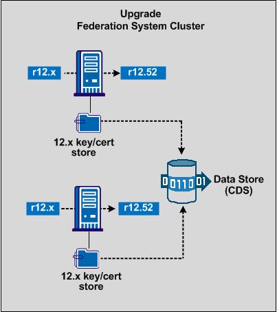 How to Upgrade to CA SiteMinder Federation Standalone r12.52 The following figure shows an upgrade of a clustered environment.