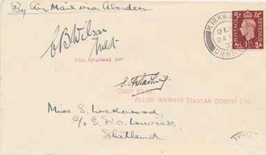 ARS12 60 1937 Kirkwall - Shetland via Aberdeen signed by Bernard Wilson who was a pilot with Highland Airways and also signed by Captain E.G. Starling the Chief Pilot of Allied Airways.